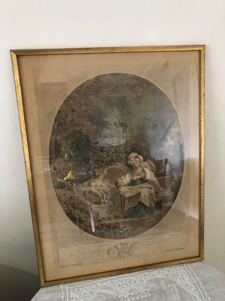 Ovale ets 'La Bonne Mere' in gouden lijst/glas, Antiek en Kunst, Kunst | Etsen en Gravures, Ophalen of Verzenden