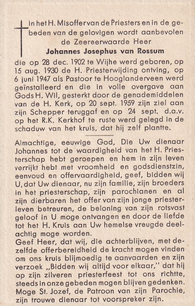 Rossum Johannes 1902 Wijhe 1959  Priester, Ophalen of Verzenden, Bidprentje