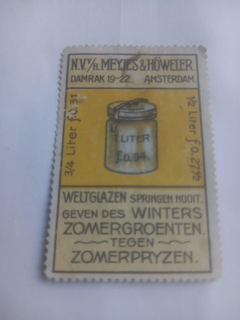 Vintage Reclamezegel Weltglazen Meyjes & Höweler Amsterdam, Ophalen of Verzenden, Gebruikt, Reclamebord