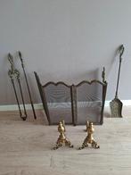 Antieke messing Haardbokken en haardstel + schermen., Ophalen, Gebruikt, Inbouwhaard, Houthaard