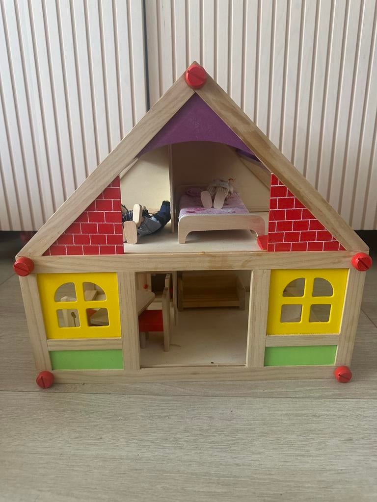 Montessori Houten Speelhuis met Poppetjes en Meubels, Ophalen of Verzenden, Gebruikt, Overige typen