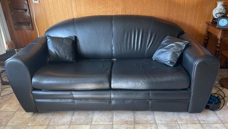 Slaapbank Leer Lederen Zwart Bank, Huis en Inrichting, Banken | Bankstellen, Gebruikt, Rechte bank, Tweepersoons, 150 tot 200 cm