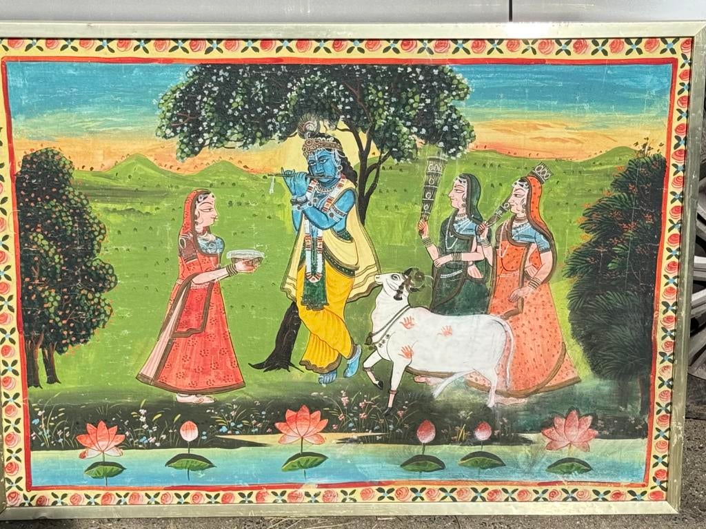 Schilderij met Krishna en koe, Ophalen of Verzenden