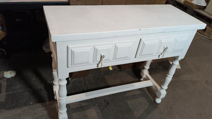 Witte sidetable met 2 lades en gedraaide poten, Huis en Inrichting, Tafels | Sidetables, Gebruikt, 25 tot 50 cm, 100 tot 150 cm