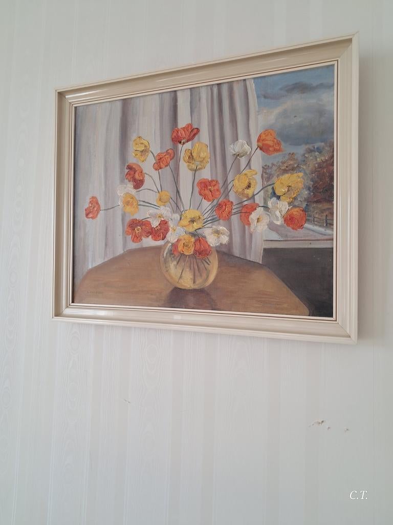 Schilderij met bloemenvaas en winterlandschap, Antiek en Kunst, Kunst | Schilderijen | Klassiek, Ophalen of Verzenden