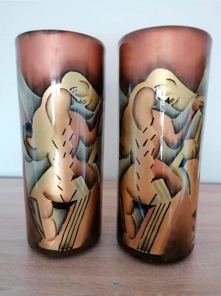 2x Wal Art Holland handgeschilderd aardewerk vaas kubistisch, Antiek en Kunst, Kunst | Designobjecten, Ophalen