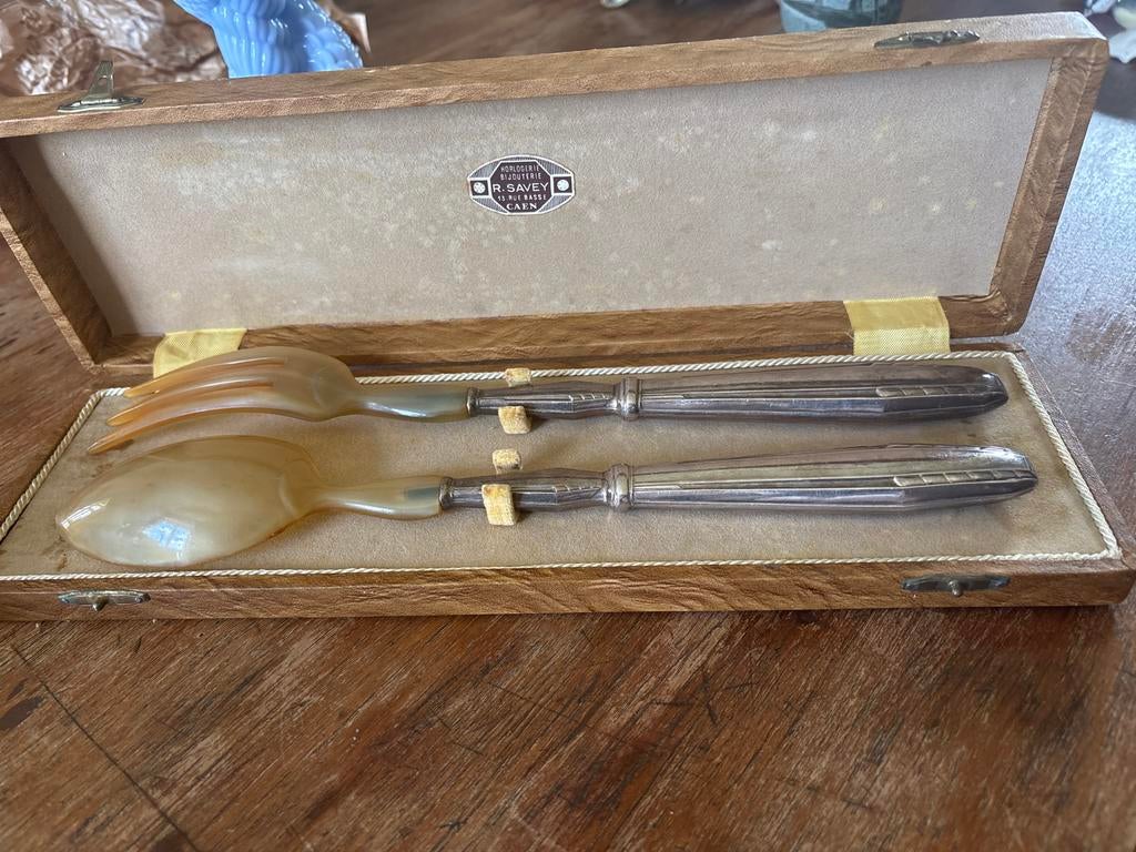 Vintage saladebestek met hoornen lepels en vorken, Antiek en Kunst, Ophalen
