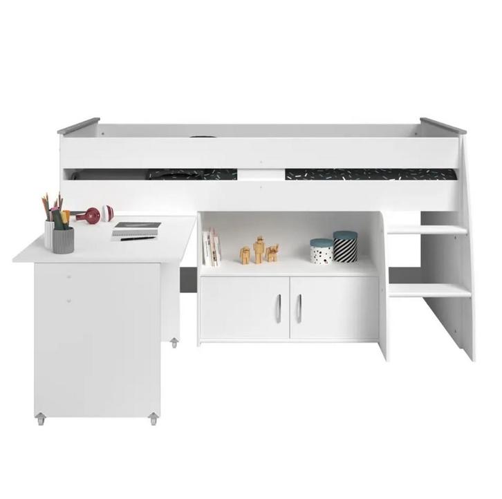 Kinderbed half hoogslaper wit met bureau met wielen, Kinderen en Baby's, Kinderkamer | Bedden, Zo goed als nieuw, 180 cm of meer