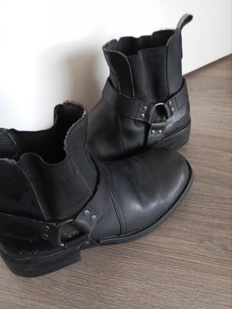 ZWARTE LEREN BIKER/COWBOY ENKELLAARZEN 42  MERK CHECKER 30€, Ophalen of Verzenden, Zwart, Boots