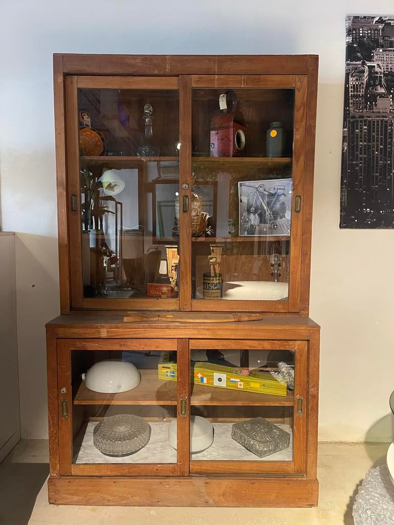 Teakhouten kast met glazen schuifdeuren wandkast wandmeubel, Antiek en Kunst, Antiek | Meubels | Kasten, Ophalen