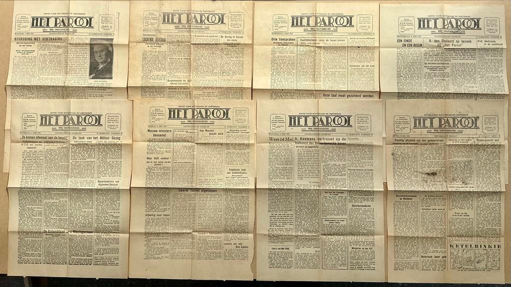 8x Het Parool - Rotterdam editie - mei 1945 - Bevrijding, Verzamelen, Tijdschriften, Kranten en Knipsels, Ophalen of Verzenden