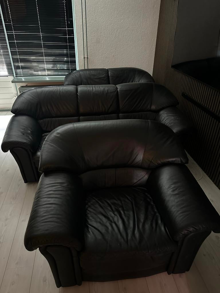 Zwart leren bankstel: 1-, 2- en 3-zitsbank, Huis en Inrichting, Ophalen, Gebruikt