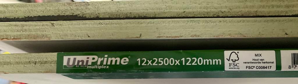 3 uniprime platen 100 euro per stuk, Doe-het-zelf en Verbouw, Platen en Panelen, Ophalen of Verzenden, Zo goed als nieuw, Multiplex
