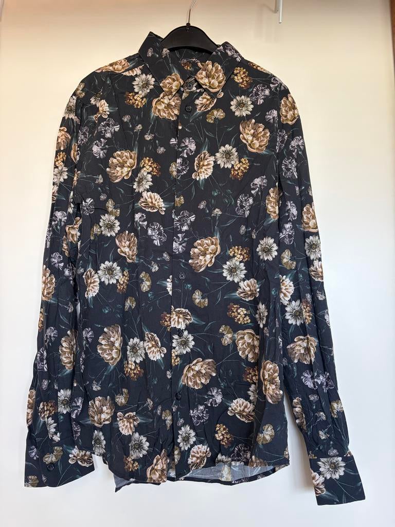 Gaaf H&M stretch slimfit gebloemd overhemd 39/40 Nieuwstaat, Ophalen of Verzenden, Zo goed als nieuw, Zwart, Halswijdte 39/40 (M)