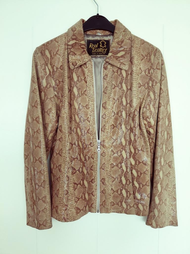Slangenprint beige bruin   leren jasje jack maat S, Kleding | Dames, Ophalen of Verzenden, Zo goed als nieuw, Maat 38/40 (M), Beige