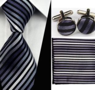 100% zijde Stropdas Pochet Manchetknopen Grijs streep NIEUW, Ophalen of Verzenden, Nieuw, Grijs, Met patroon