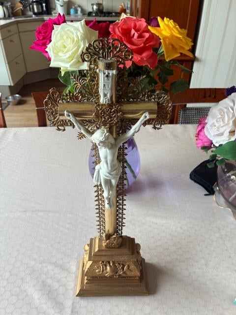 kruisbeeld porselein hout kopermetaal 47 cm antiek, Ophalen of Verzenden