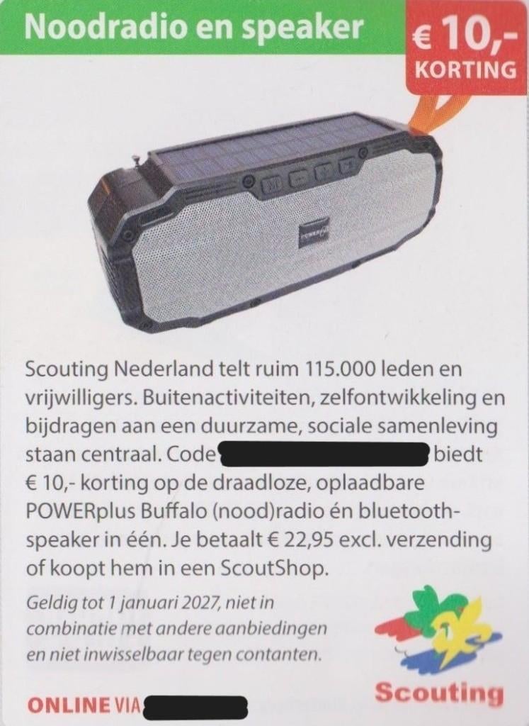 Noodradio en speaker. € 10,- korting. Postcodeloterij bon., Eén persoon, Kortingsbon, Warenhuis- of Winkelbon