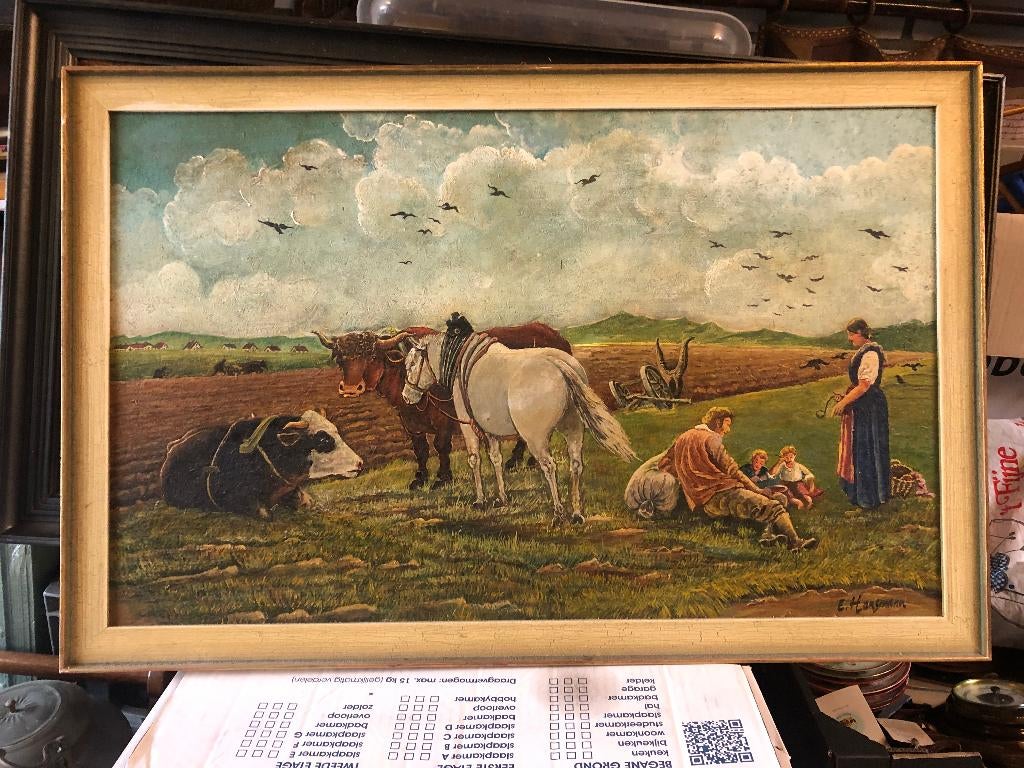 Olieverf Schilderij Boerenleven mens en dier op akker, Ophalen of Verzenden