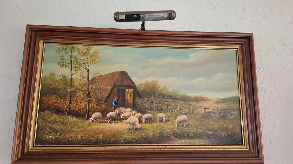 Olieverf schilderij H. Koster - Schaapherder en kudde, Ophalen of Verzenden