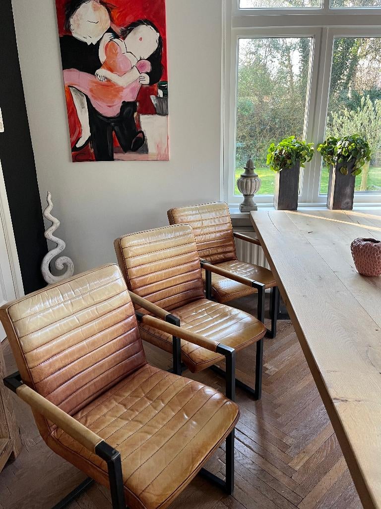 6 lederen eetkamer stoelen, Huis en Inrichting, Stoelen, Ophalen, Gebruikt, Bruin, Klassiek