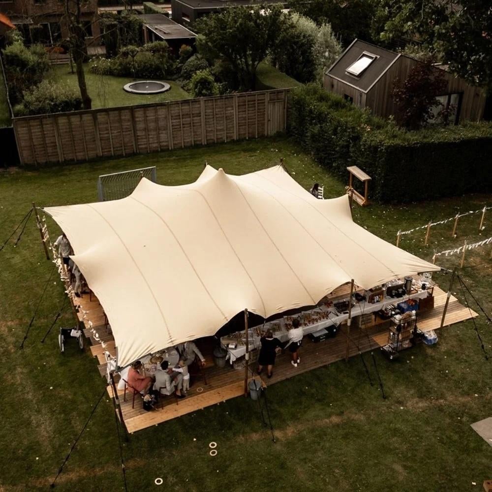 Stretchtent 10x10 meter te koop. Origineel Zuid Afrikaans!, Tuin en Terras, Partytenten, Ophalen, Gebruikt, Overige typen, 6 meter of meer