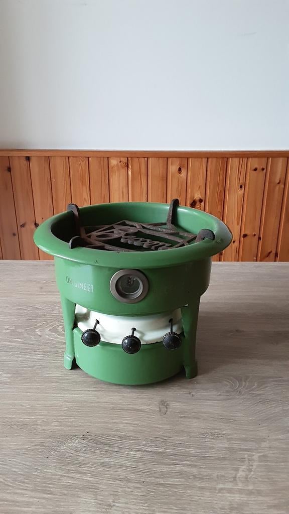 EMAILLE RESEDA GROEN 3 PITS PETROLEUMSTEL., Antiek en Kunst, Ophalen of Verzenden