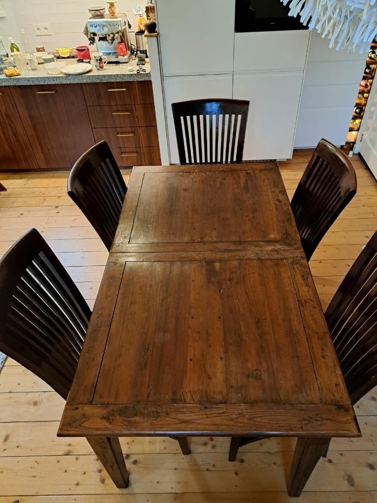 Teakhouten uitschuifbare eettafel met 6 stoelen, Huis en Inrichting, Complete eetkamers, Ophalen, Gebruikt, Koloniaal, 4 tot 6 stoelen