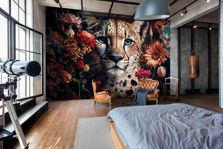 Fotobehang / Behang - Luipaard - Panter en Bloemen, Huis en Inrichting, Stoffering | Behang, Rood, Zwart, Bruin, Geel, Groen, Oranje