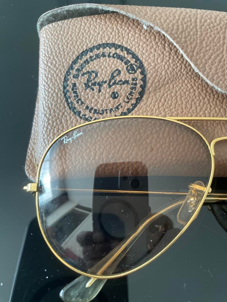 Vintage Ray-Ban USA Aviator Zonnebril - Large, Gebruikt, Zonnebril, Geel, Ophalen of Verzenden