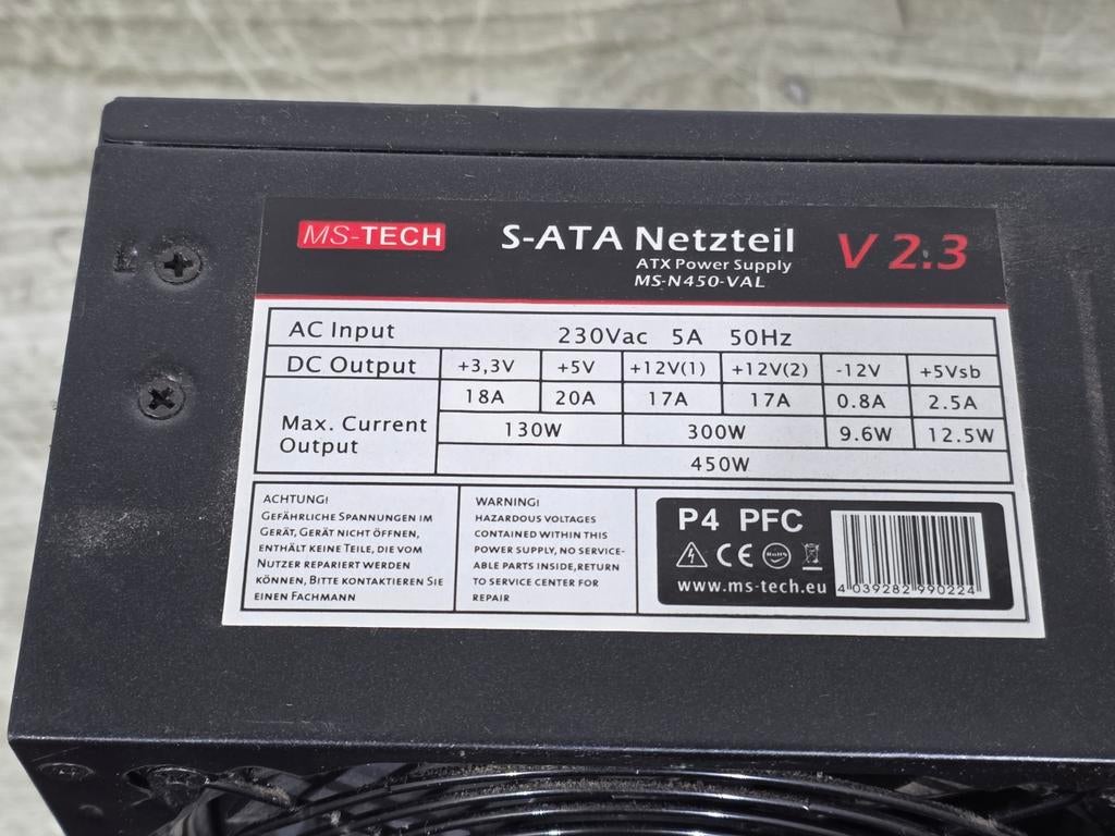 Ms-tech 450w max voeding psu power supply ms-n450-val v2.3, Computers en Software, Ophalen of Verzenden, Gebruikt