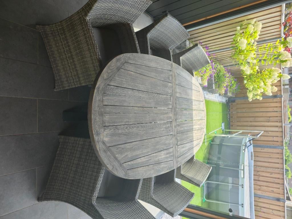 tuintafel met stoelen, Ophalen, 6 zitplaatsen, Teakhout, Zo goed als nieuw