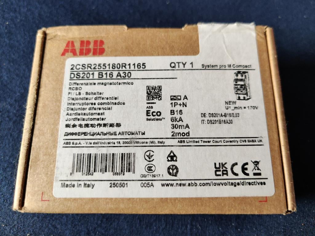 ABB Aardlekautomaat B16 30mA 1p+N DS201 2CSR255180R1165, Hobby en Vrije tijd, Elektronica-componenten, Ophalen of Verzenden, Nieuw
