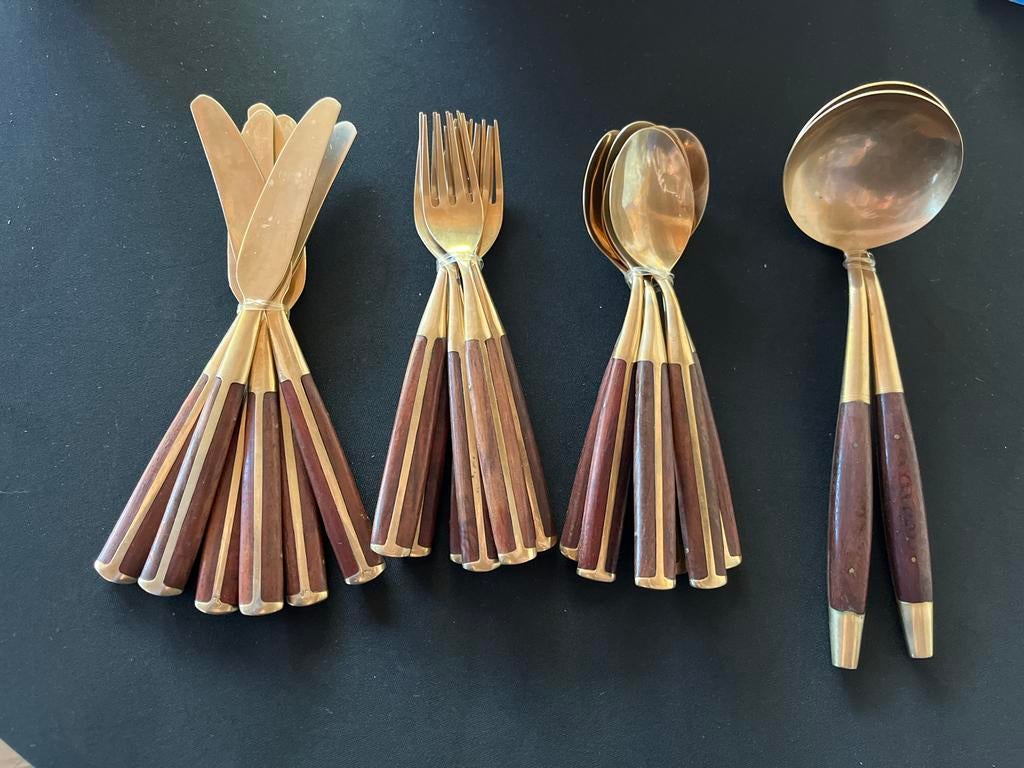 Koperen bestekset met houten handvatten - 20-delig, Ophalen of Verzenden