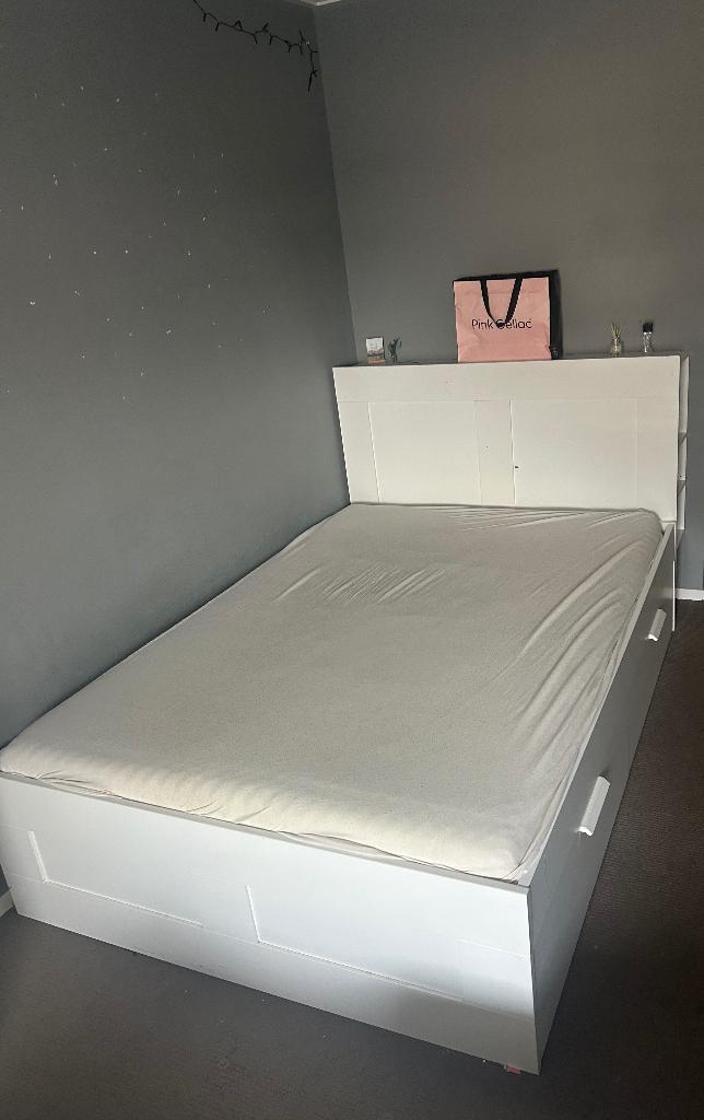 140x200 bed met opbergruimte, Huis en Inrichting, Slaapkamer | Bedden, Ophalen, Gebruikt, Wit, Tweepersoons