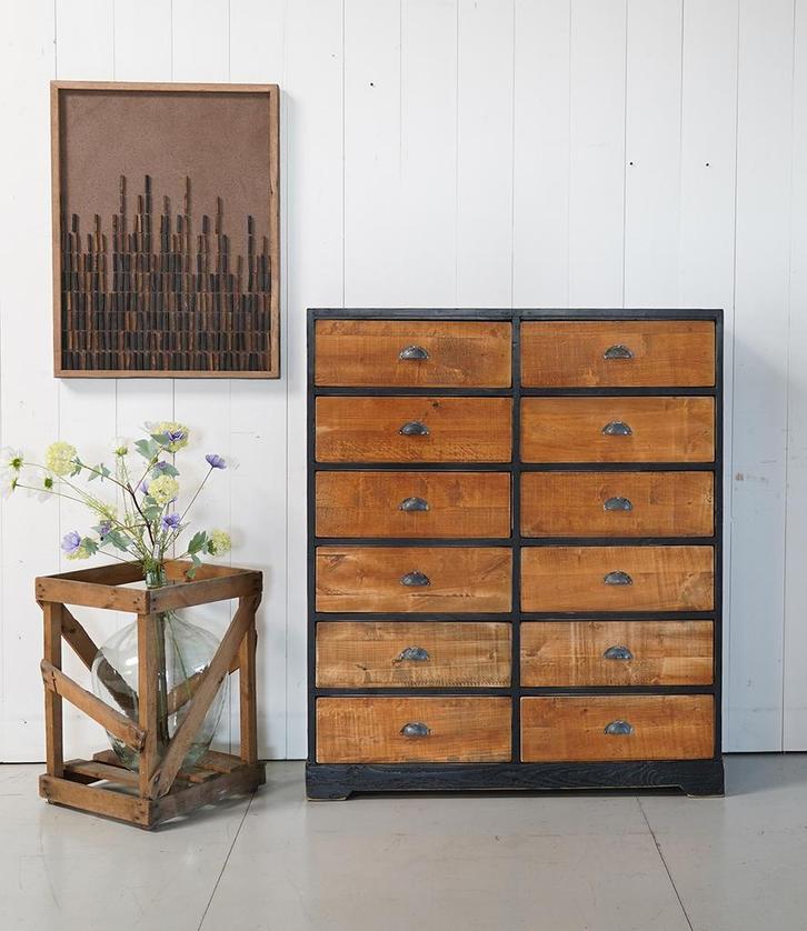 Vintage ladekast met 12 laden | Houten kast | Opbergkast, Huis en Inrichting, Kasten | Ladekasten, Gebruikt, 100 tot 150 cm, 50 tot 100 cm