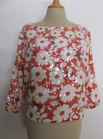 Aparte pailletten bewerkte rood/beige top van Twinset! M beschikbaar voor biedingen