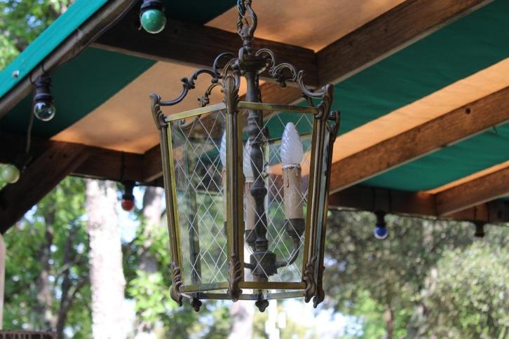 Brocante - Deftige klassieke hallamp!, Huis en Inrichting, Lampen | Hanglampen, Gebruikt, Glas, Metaal, Ophalen