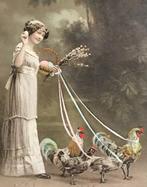 1913 meisje wandelt met hanen en kippen pluimvee pasen, Verzamelen, Ansichtkaarten | Themakaarten, Gelopen, Overige thema's, Voor 1920