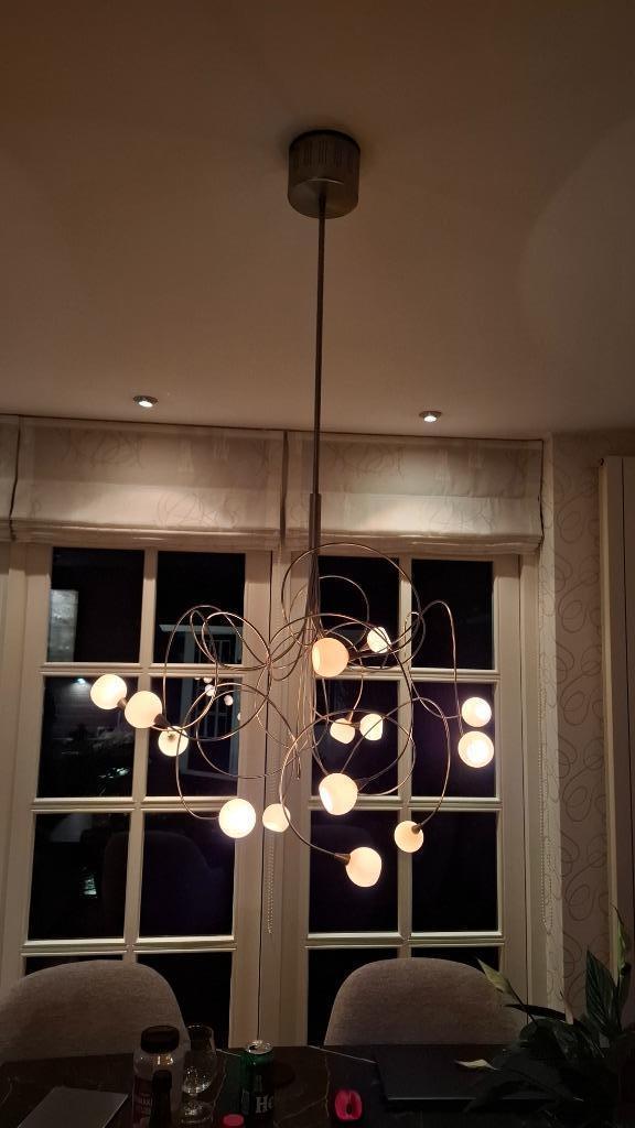 Moderne eettafellamp met touch dimmer - 14 Witte bolletjes!, Huis en Inrichting, Lampen | Hanglampen, Minder dan 50 cm, Glas, Metaal