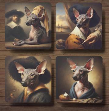 Peruaanse Naakthond Rembrandt stijl onderzetters met houder beschikbaar voor biedingen