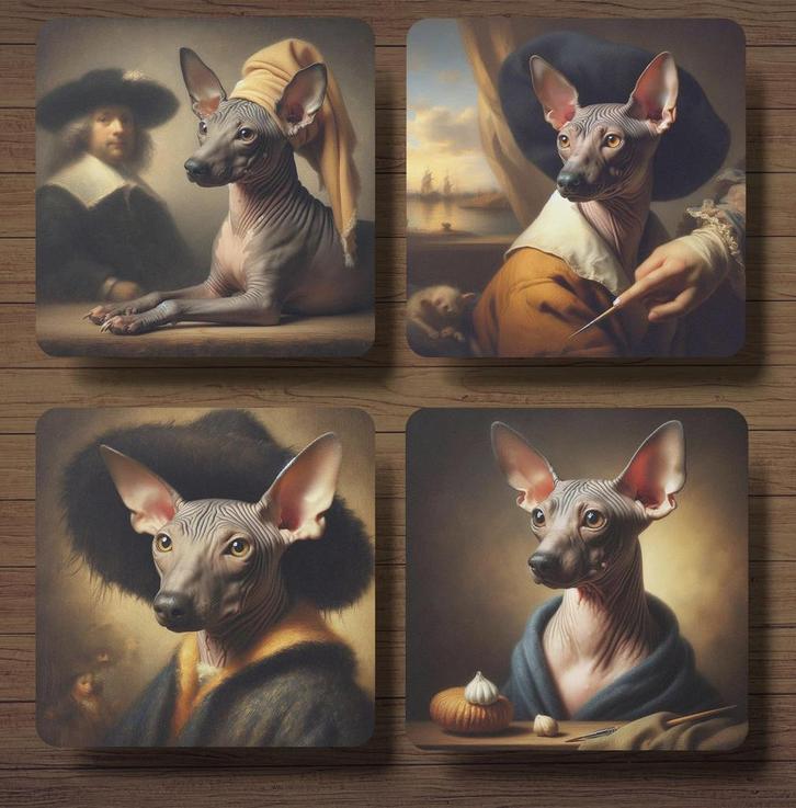 Peruaanse Naakthond Rembrandt stijl onderzetters met houder, Huis en Inrichting, Woonaccessoires | Onderzetters, Nieuw, Glas of Kopje