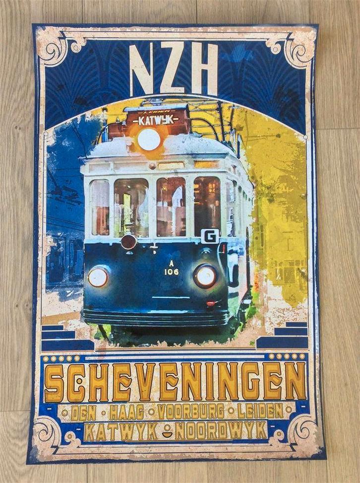 NZH De Blauwe Tram Affiche Poster Litho HTM katwijk, Antiek en Kunst, Kunst | Litho's en Zeefdrukken, Ophalen of Verzenden