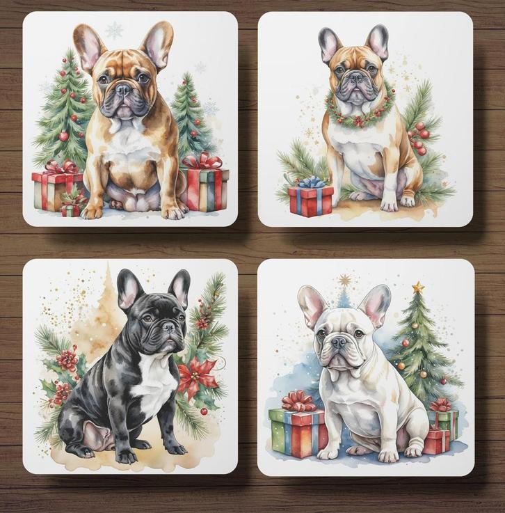 Franse Bulldog Kerst onderzetters met houder, Huis en Inrichting, Woonaccessoires | Onderzetters, Nieuw, Glas of Kopje, Ophalen of Verzenden