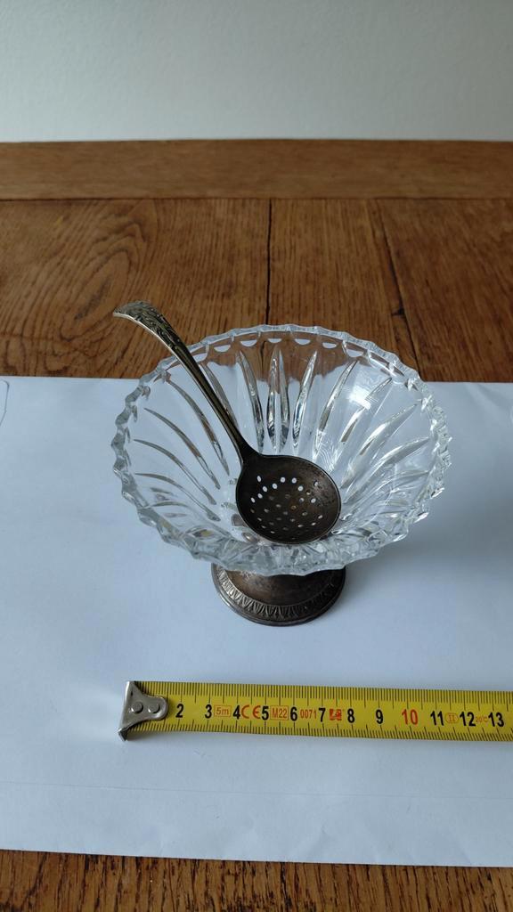 Antiek kristallen schaaltje met zilveren lepel, Antiek en Kunst, Antiek | Glas en Kristal, Ophalen of Verzenden