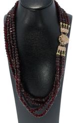 Granaten 4-strengs antieke ketting dames 14k slot goud, Ophalen of Verzenden, Goud, Ketting, Met edelsteen