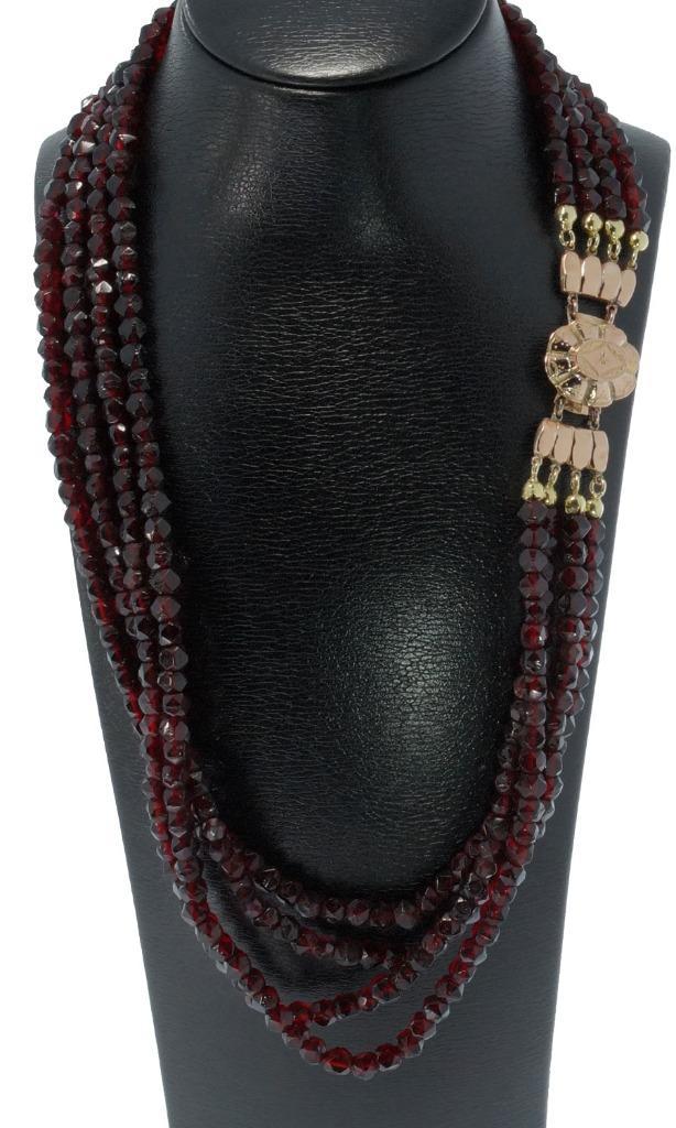 Granaten 4-strengs antieke ketting dames 14k slot goud, Sieraden, Tassen en Uiterlijk, Antieke sieraden, Ketting, Goud, Met edelsteen