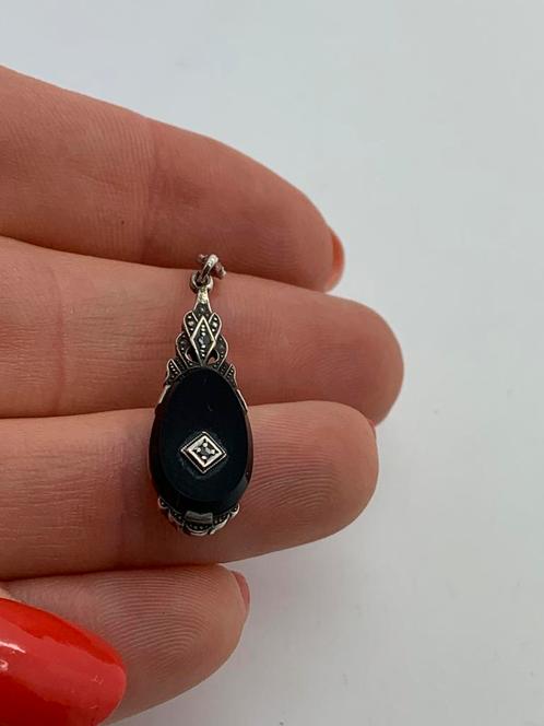 V497 Prachtige zilveren hanger diamant onyx, Sieraden, Tassen en Uiterlijk, Antieke sieraden, Hanger, Zilver, Met edelsteen, Ophalen of Verzenden
