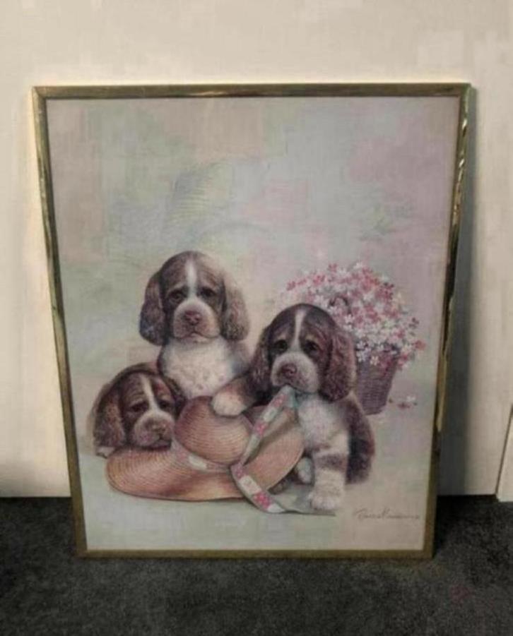 Schilderij met hondjes 50x40cm, Huis en Inrichting, Woonaccessoires | Schilderijen, Tekeningen en Foto's, Zo goed als nieuw, Schilderij