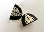925 zilveren Art Deco by E. Koller oorclips oorbellen Onyx, Ophalen, Zilver, Oorbellen, Met edelsteen